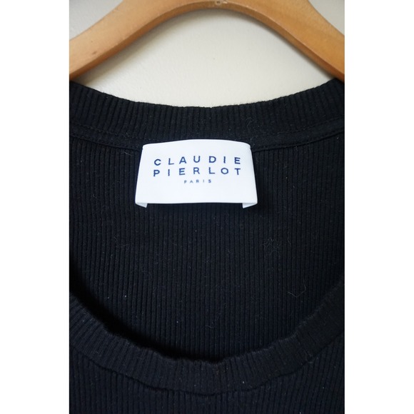 CLAUDIE PIERLOT Black Ribbed‎ Puff Sleeve Ruffled Eyelet T-shirt Top Size Small - Picture 3 of 6